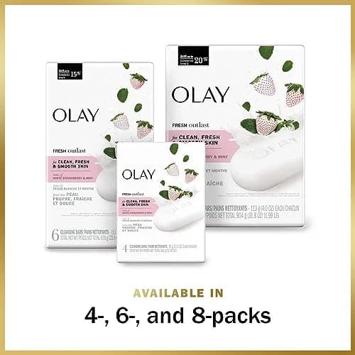 Olay Fresh Outlast Cooling White Strawberry & Mint Bar Soap 4-Pack | Hydrates Skin with 10x More Moisturizers thumbnail 5