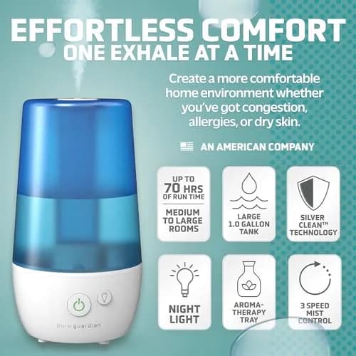 PureGuardian 1-Gallon Ultrasonic Cool Mist Humidifier with Essential Oil Tray | 70-Hour Run, 320 Sq Ft Coverage, Silver Clean Protection thumbnail 2