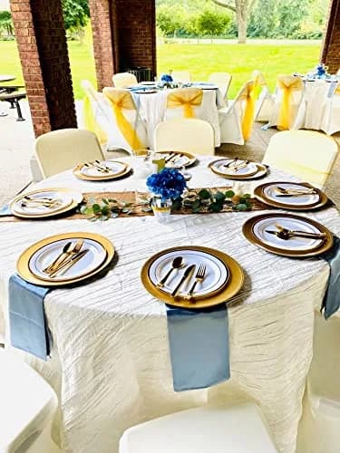YOUR CHAIR COVERS - 132 Inch Round Crinkle Taffeta Tablecloth - Ivory, Crushed Shiny Dining Table Cloth for Wedding Party Birthday Baby Bridal Shower thumbnail 2