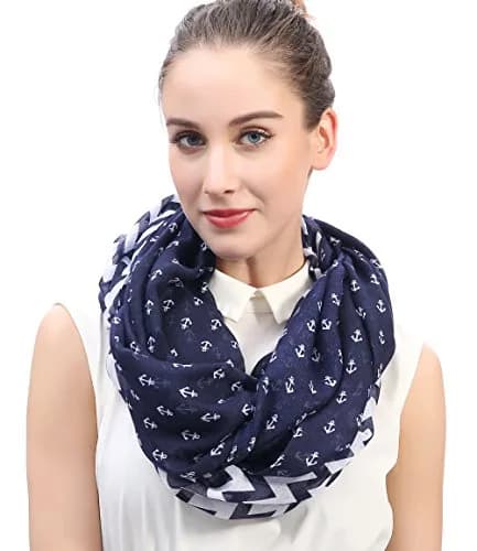 Lina & Lily Nautical Anchor Print Women's Infinity Scarf Lightweight (Navy Blue with Anchor Chevron Design) | All-Season Fashion Accessory thumbnail 1