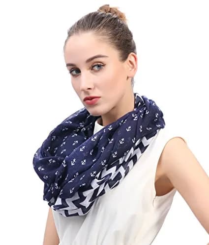 Lina & Lily Nautical Anchor Print Women's Infinity Scarf Lightweight (Navy Blue with Anchor Chevron Design) | All-Season Fashion Accessory thumbnail 2