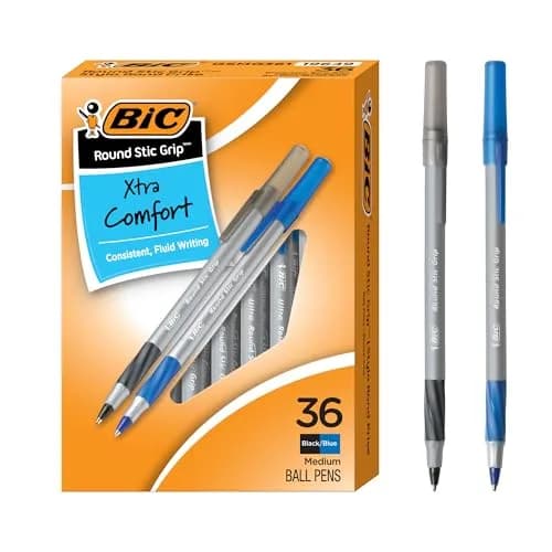 BIC Round Stic Grip Xtra Comfort Ballpoint Pens, Black and Blue Ink, 36-Count | Smooth Ink Flow thumbnail 1