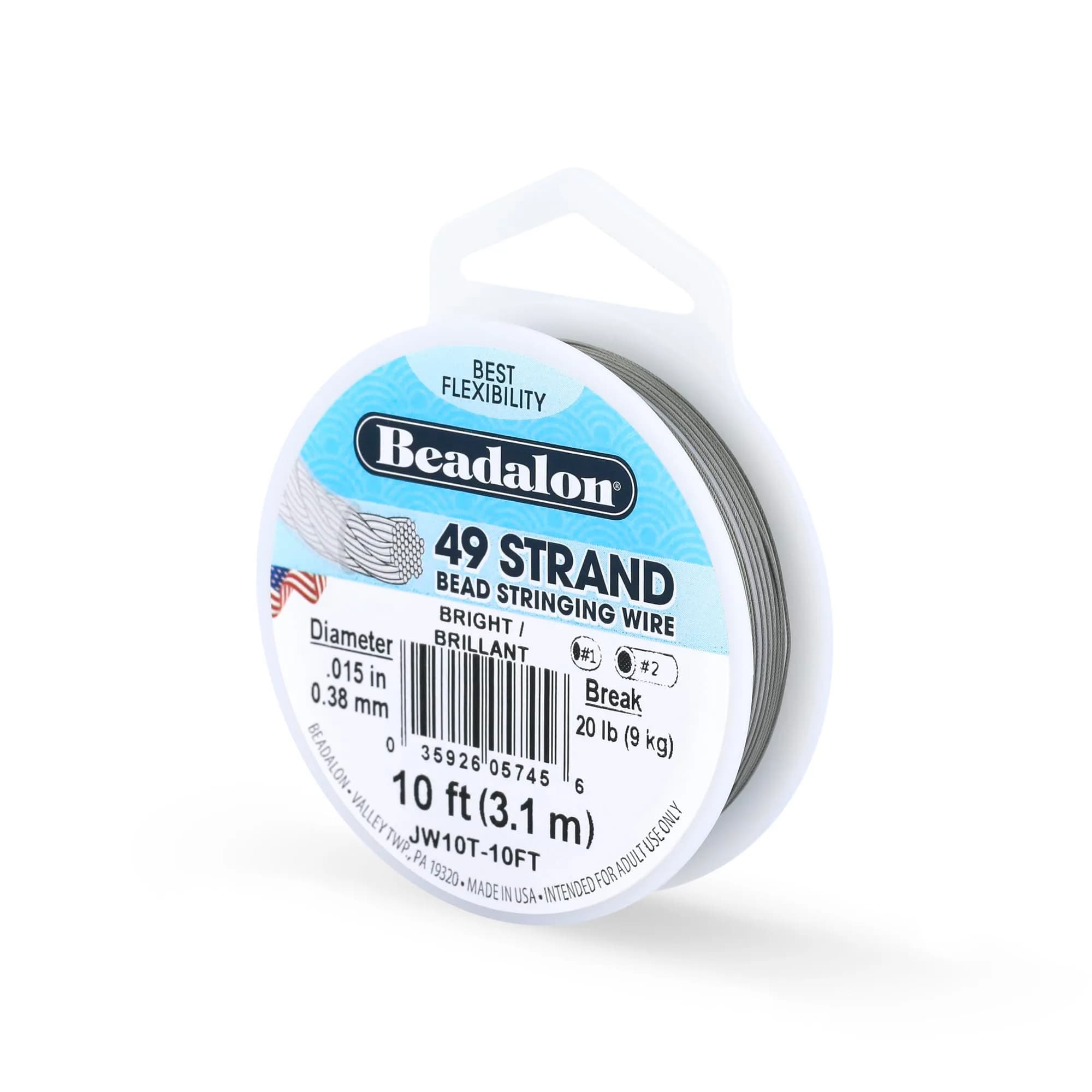 Beadalon JW11SP-10FT 49-Strand Bead Stringing Wire 0.018 in / 0.46 mm | Flexible Jewelry Wire for Beading & Gemstones — Bright