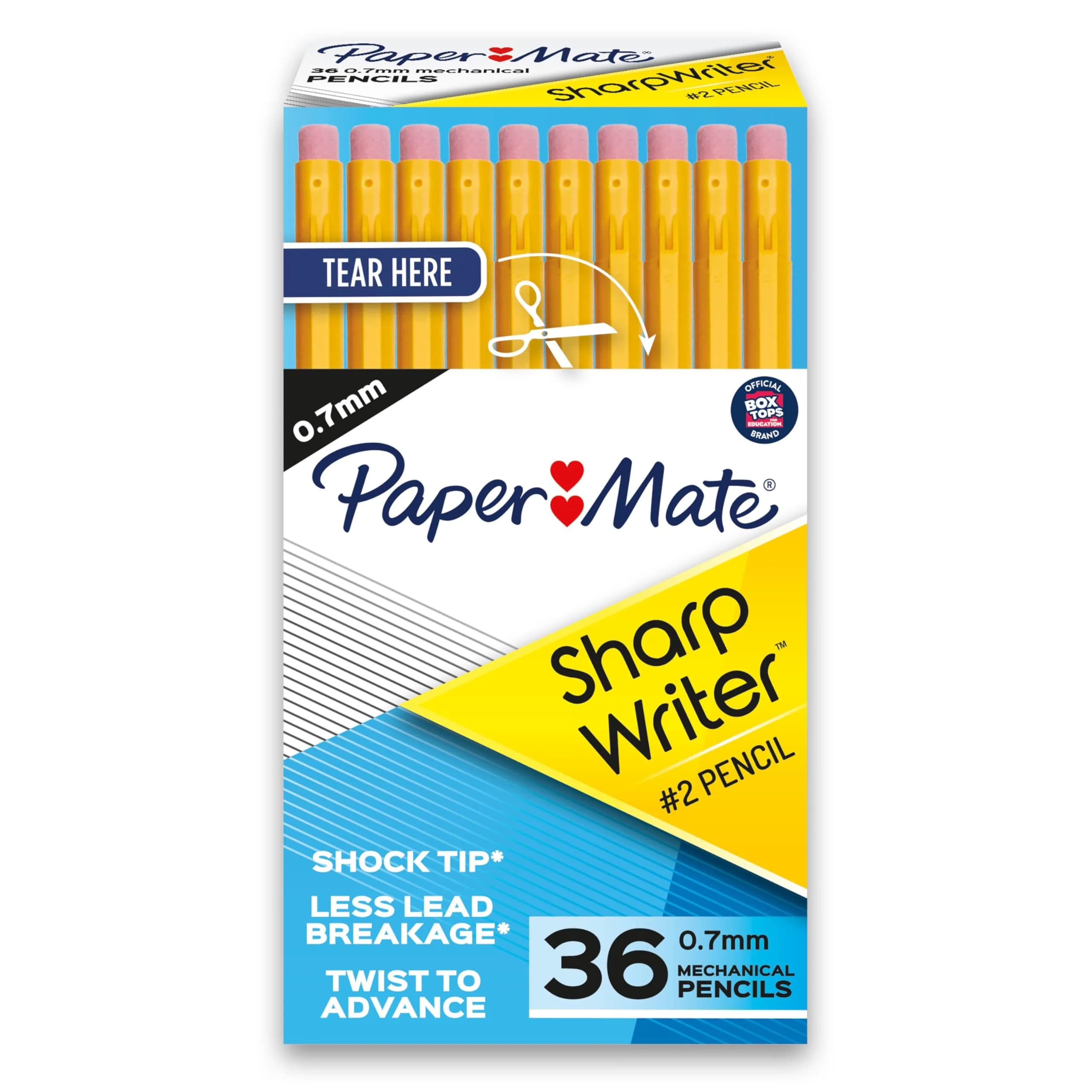 Paper Mate SharpWriter Mechanical Pencils Yellow | 0.7 mm #2 Lead, 36 Count | Shock-Absorbing Tip - main product image