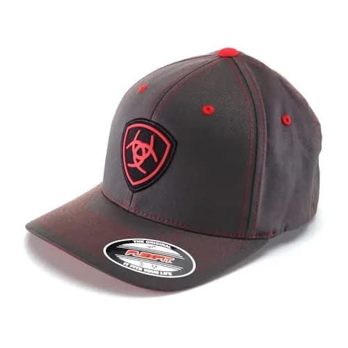 ARIAT Men's Flexfit Cap, Embroidered Shield Logo, Gray/Red, Small-Medium | Casual Fitted Baseball Cap with Embroidery thumbnail 1