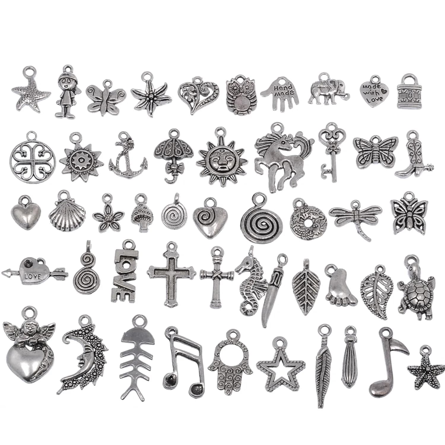 RUBYCA 50Pcs Mixed Silver Charms for Jewelry Making | Antiqued Silver Color, Rustic Vintage Look, 1-3.7cm