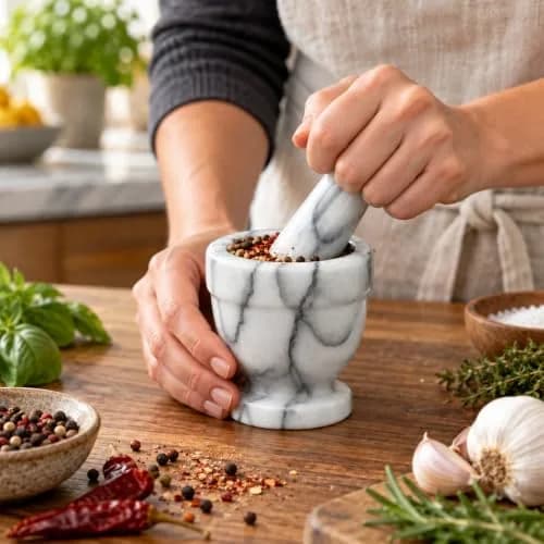 HIC Kitchen Tall Mortar and Pestle Set, Solid Carrara Marble, 4-Inch | Durable Kitchen Tool for Spices & Remedies thumbnail 2