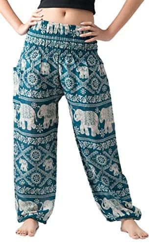 B BANGKOK PANTS Boho Harem Pants Women (One Size, Green Elephant) | Lightweight Rayon, Bohemian Style, Versatile for Beach & Festival thumbnail 1