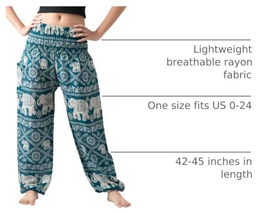 B BANGKOK PANTS Boho Harem Pants Women (One Size, Green Elephant) | Lightweight Rayon, Bohemian Style, Versatile for Beach & Festival thumbnail 4