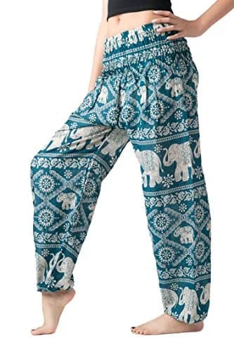 B BANGKOK PANTS Boho Harem Pants Women (One Size, Green Elephant) | Lightweight Rayon, Bohemian Style, Versatile for Beach & Festival thumbnail 3