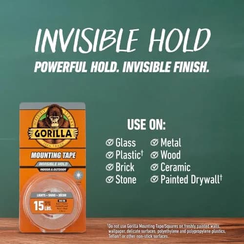 Gorilla Invisible Hold Mounting Tape 2.54cm x 152.4cm (1" x 60") | Holds Up to 6.8kg (15 lbs) Clear Double-Sided Adhesive thumbnail 3