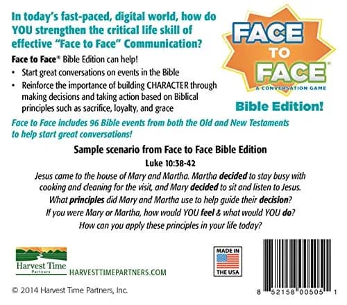 Harvest Time Partners Face to Face Bible Edition - Conversation Starters for Kids & Adults, 96 Scenario Cards, Ages 10+ | Bible-based Family Game thumbnail 2