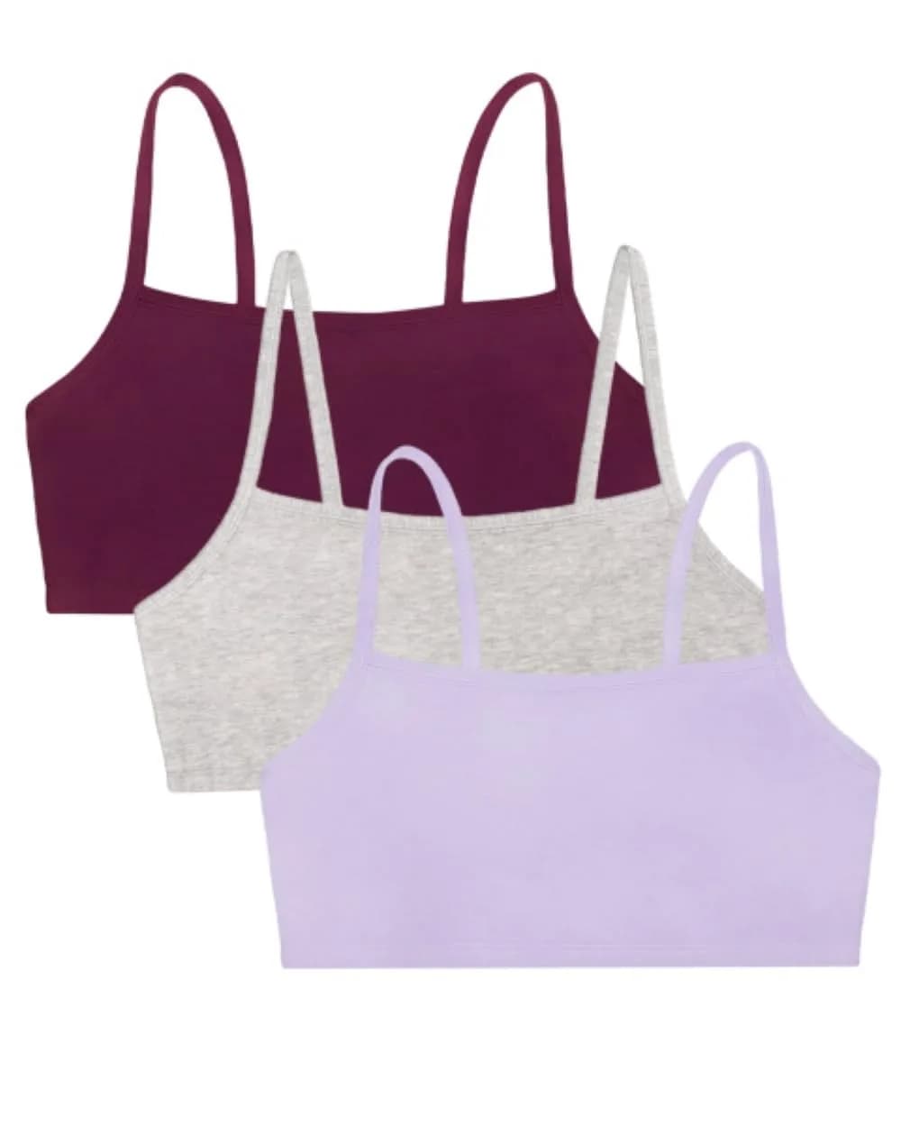 Fruit of the Loom Womens Spaghetti Strap Cotton Sports Bra 3 Pack | All-Day Comfort & Support (32) — Purple Velvet/Heather Grey/Lilac