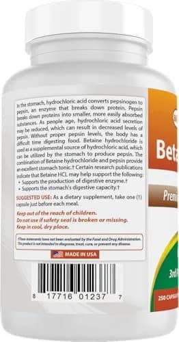 Best Naturals Betaine HCL 648 mg 250 Capsules | Digestive Health Support thumbnail 7