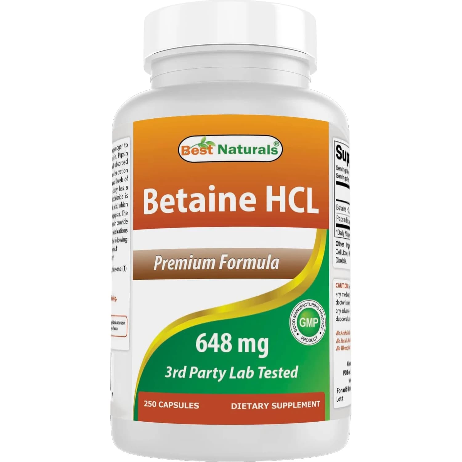 Best Naturals Betaine HCL 648 mg 250 Capsules | Digestive Health Support — No Color