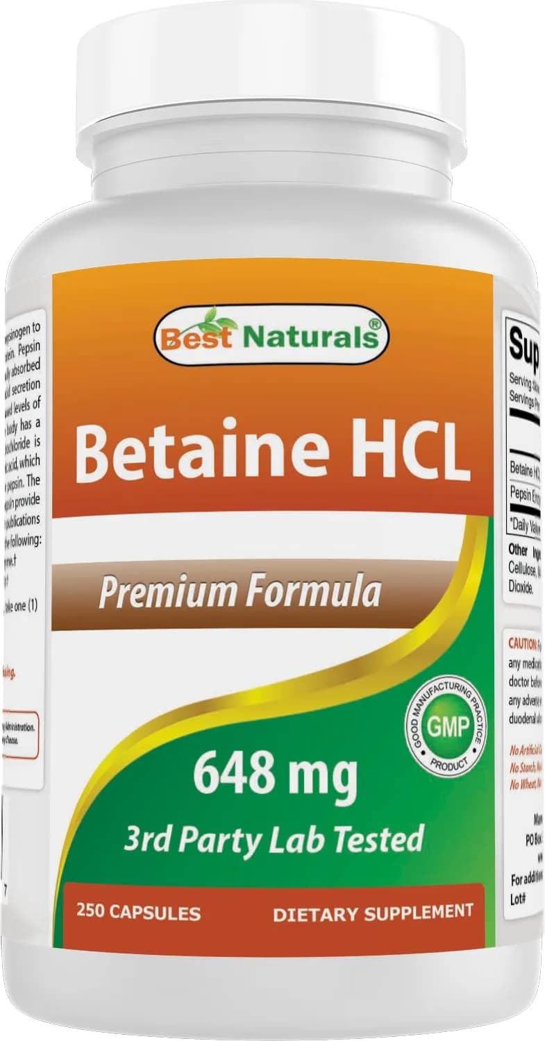 Best Naturals Betaine HCL 648 mg 250 Capsules | Digestive Health Support - main product image