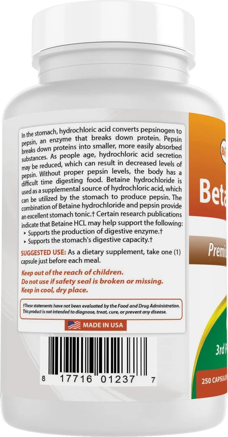 Best Naturals Betaine HCL 648 mg 250 Capsules | Digestive Health Support - view 7