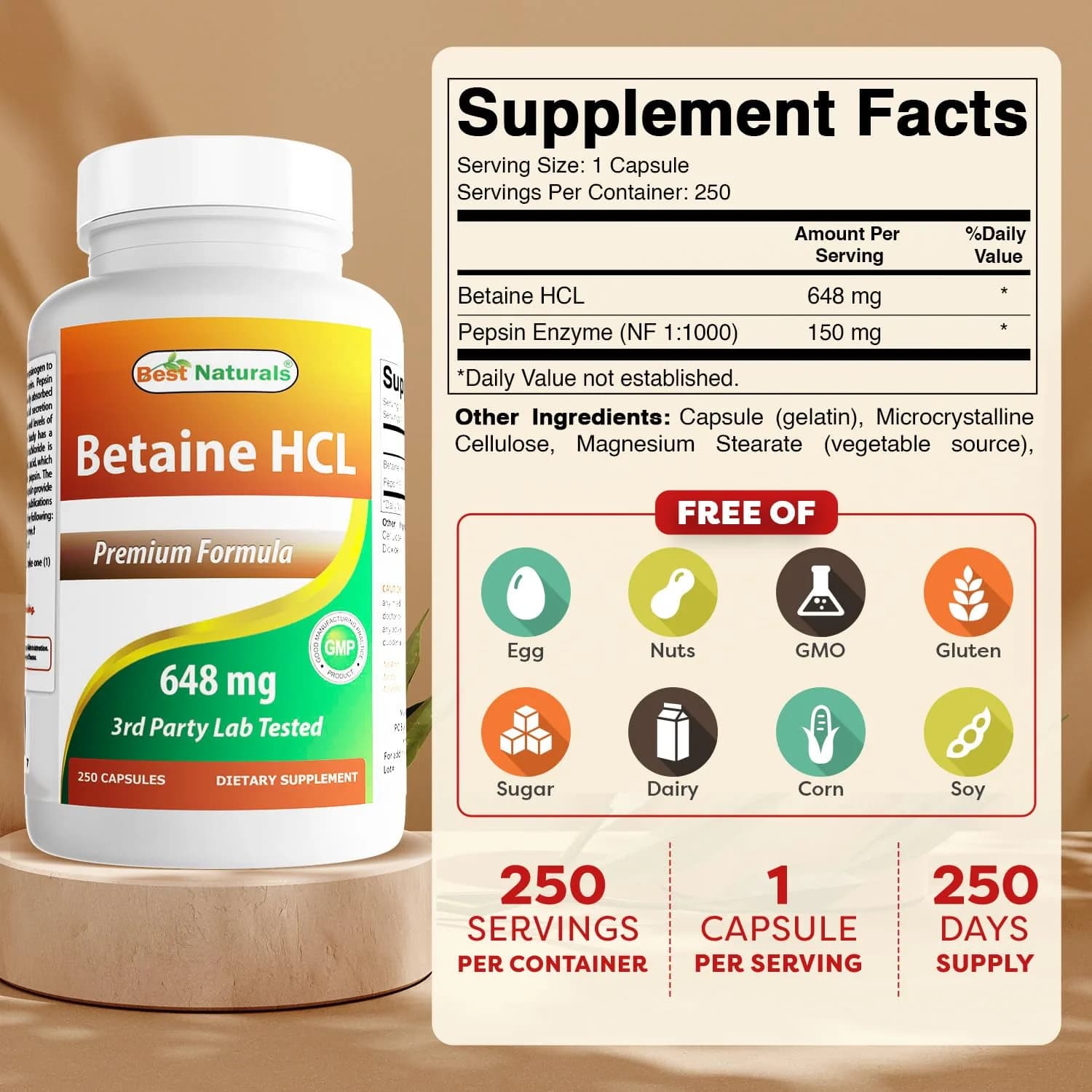 Best Naturals Betaine HCL 648 mg 250 Capsules | Digestive Health Support - view 2