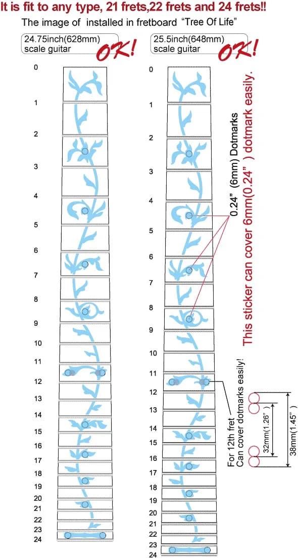 Inlaystickers Tree of Life Fret Markers for Guitars - Abalone Red | Real Inlay Look - view 6