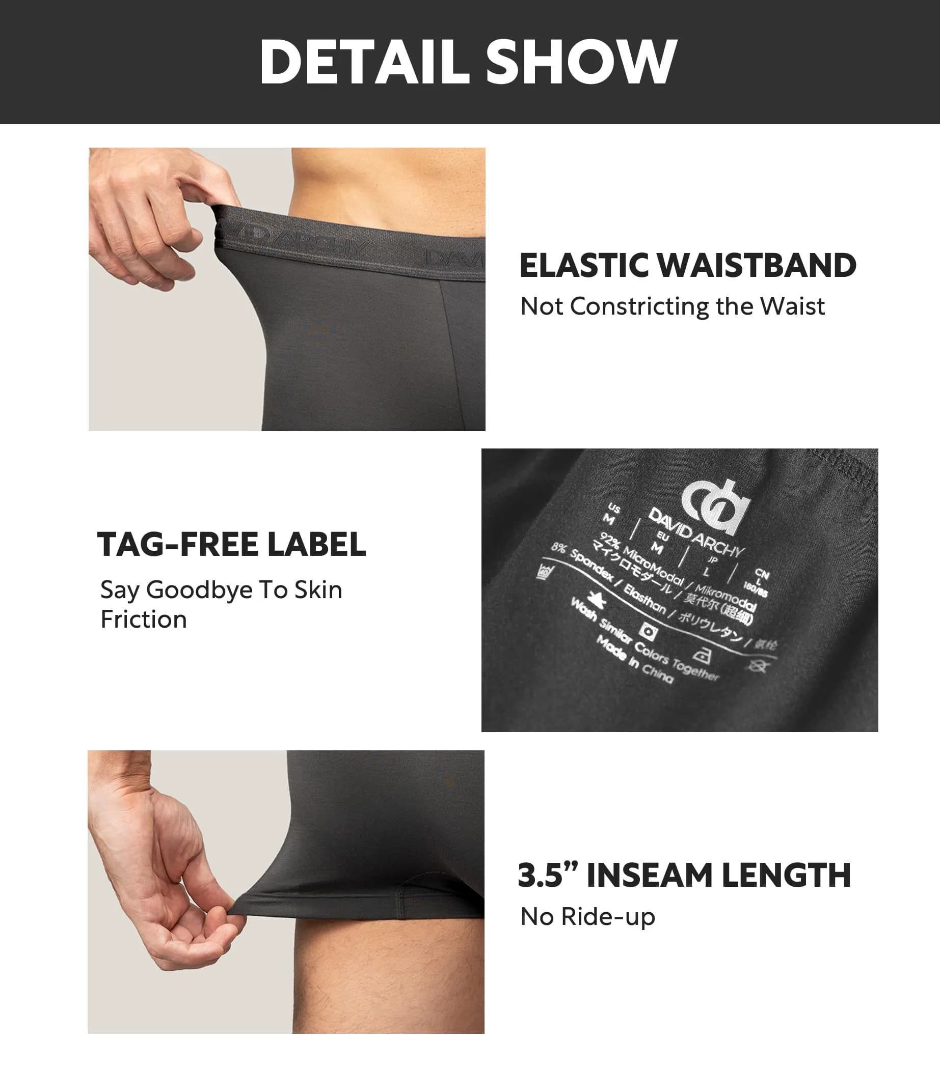 DAVID ARCHY Men's Modal Boxer Briefs Second Skin Trunks Underwear 3/4/7 Pack | Supportive, Breathable & Moisture-Wicking — Black/Dark Gray-no Fly / Medium thumbnail 5