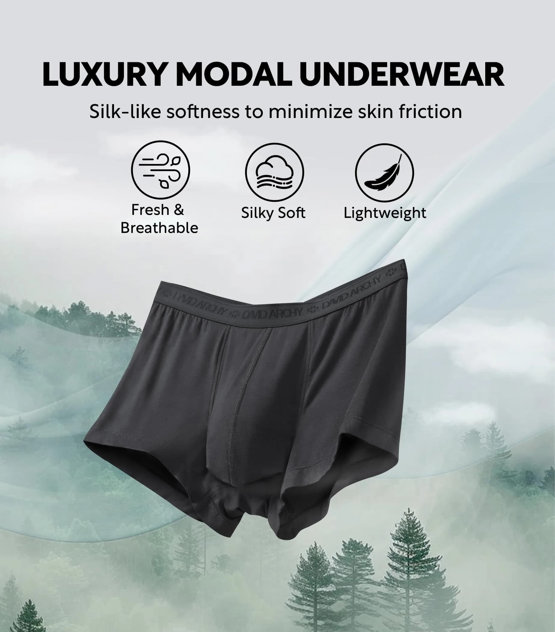 DAVID ARCHY Men's Modal Boxer Briefs Second Skin Trunks Underwear 3/4/7 Pack | Supportive, Breathable & Moisture-Wicking — Black/Dark Gray-no Fly / Medium thumbnail 3