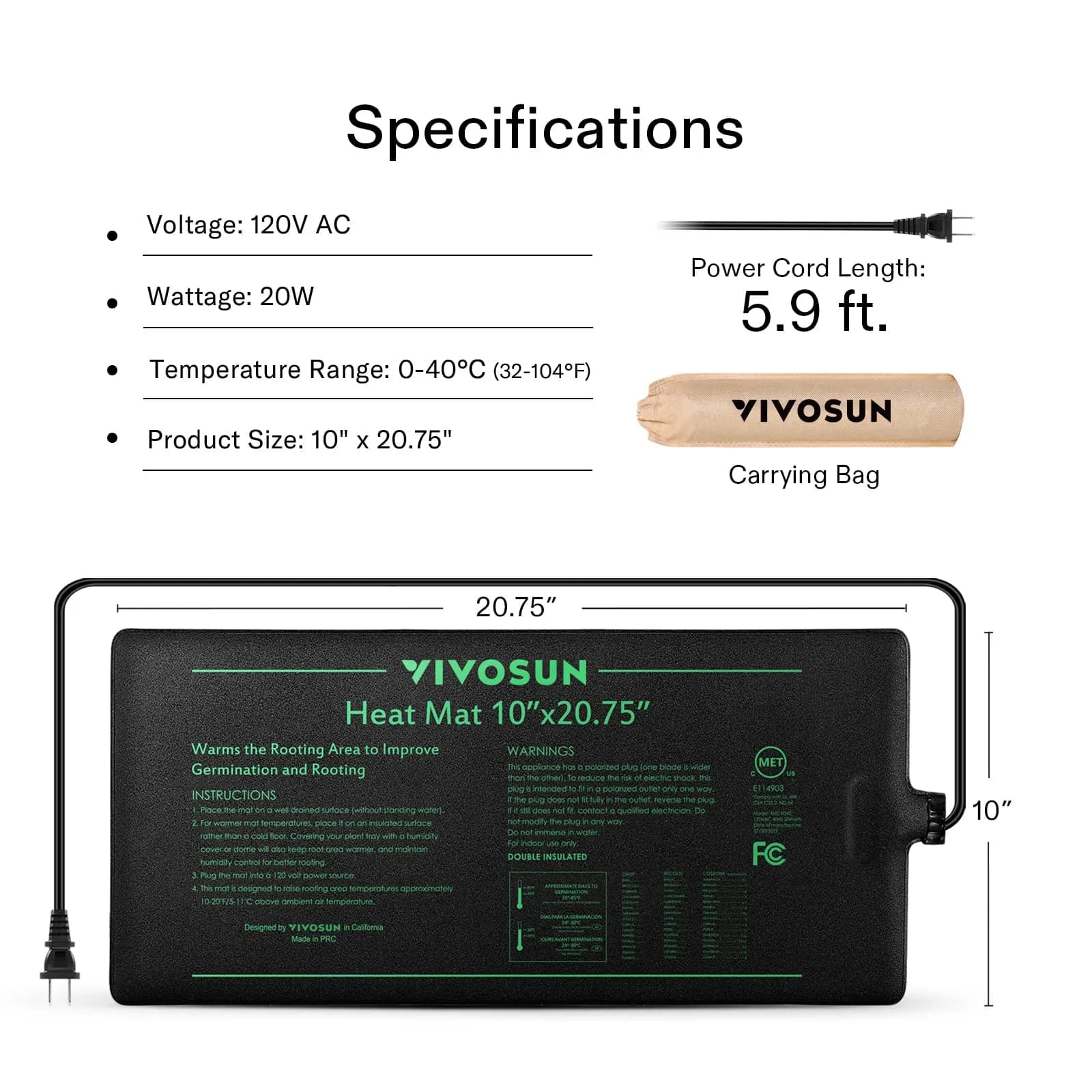 VIVOSUN Durable Waterproof Seedling Heat Mat 20.3 cm x 52.7 cm (8" x 20.75") | Reliable Germination Temperatures - view 2