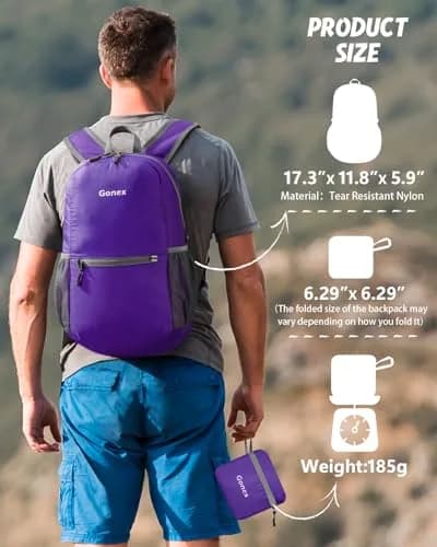 Gonex Packable Daypack Backpack 20L Lightweight Foldable Travel Bag | Water & Tear Resistant Nylon, Compact & Unfold Size 44x30x15cm thumbnail 4
