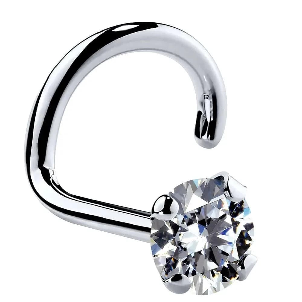 FreshTrends 14K Gold Cubic Zirconia Nose Ring 3mm | Twist Screw Design for Women — White Gold