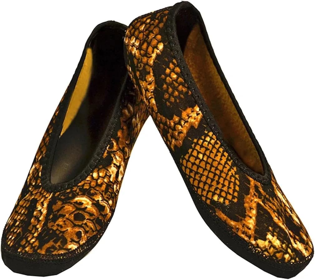 Nufoot Ballet Flats Fuzzies Women's Slippers, Foldable, Flexible Flat, Gold Snake, Medium | Indoor Comfort & Travel Friendly — Gold Snake