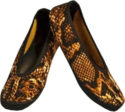 Nufoot Ballet Flats Fuzzies Women's Slippers, Foldable, Flexible Flat, Gold Snake, Medium | Indoor Comfort & Travel Friendly thumbnail 1
