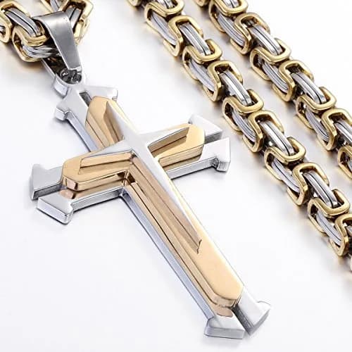 Trendsmax Stainless Steel Cross Pendant Necklace with Byzantine Chain, 55 cm (22 inch) | Religious Faith Symbol for Men thumbnail 3