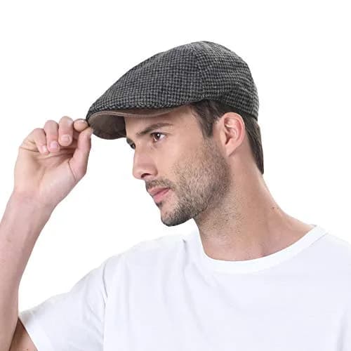 WITHMOONS Tweed Newsboy Hat Faux Leather Brim | Fall/Winter Wool Flat Cap (54-57cm) thumbnail 1