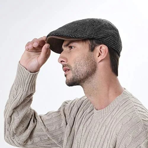 WITHMOONS Tweed Newsboy Hat Faux Leather Brim | Fall/Winter Wool Flat Cap (54-57cm) thumbnail 2
