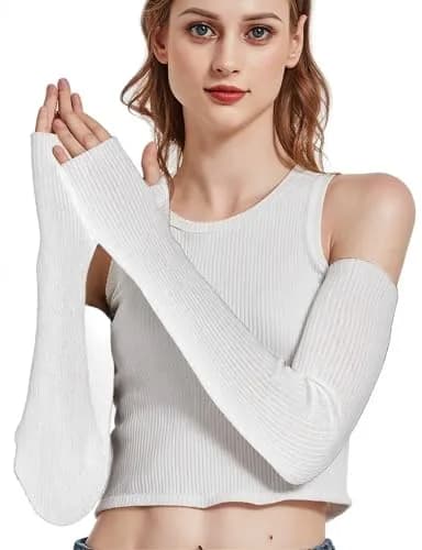 Novawo Wool Blend Arm Warmers for Women | Soft Long Fingerless Gloves in White thumbnail 1