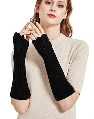 Novawo Women Arm Warmers Warm Knitted Long Gloves Winter Fashion Gloves | Soft Acrylic, One Size, Black thumbnail 2