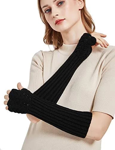 Novawo Women Arm Warmers Warm Knitted Long Gloves Winter Fashion Gloves | Soft Acrylic, One Size, Black thumbnail 3