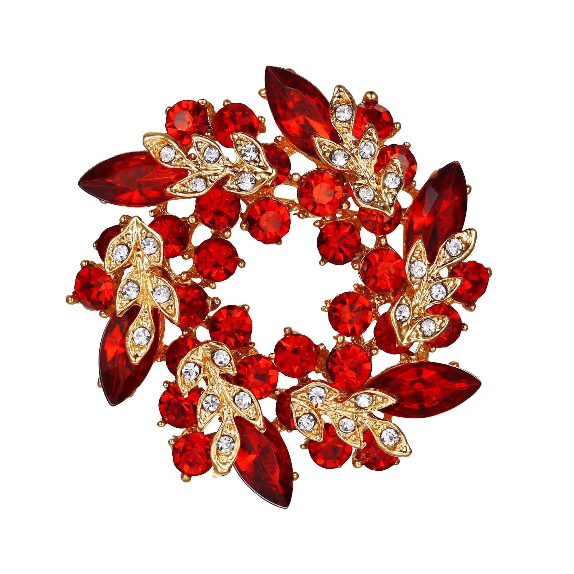 Ever Faith Austrian Crystal Wedding Flower Wreath Brooch Pin Red Gold-Tone | Elegant Bridal Accessory