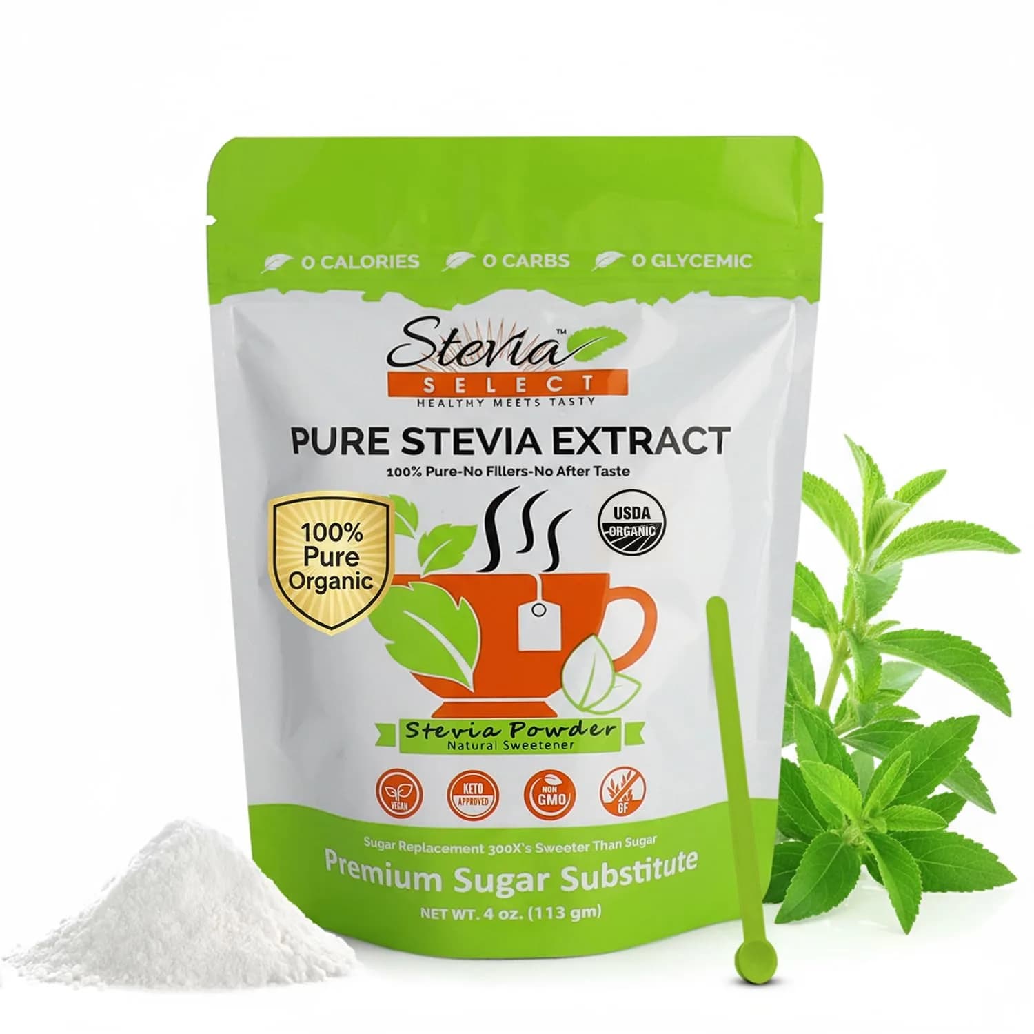 Stevia Select Organic Stevia Powder 1.25oz (35.4g) | Pure Plant-Based Sweetener with No Additives — Stevia Powder / 4 Ounces