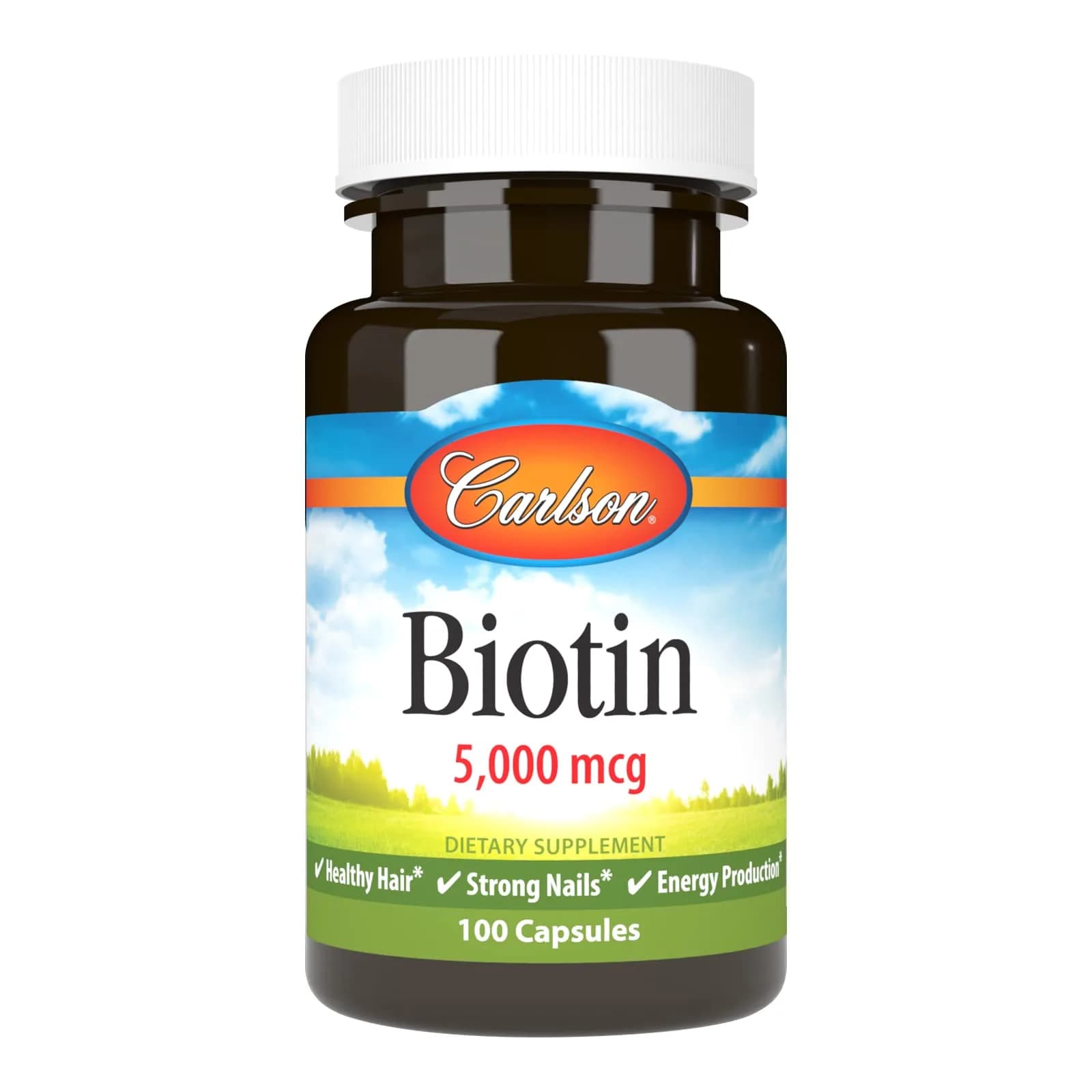 Carlson Biotin 5000 mcg | Supports Hair, Nails & Skin | 100 Capsules — No Color
