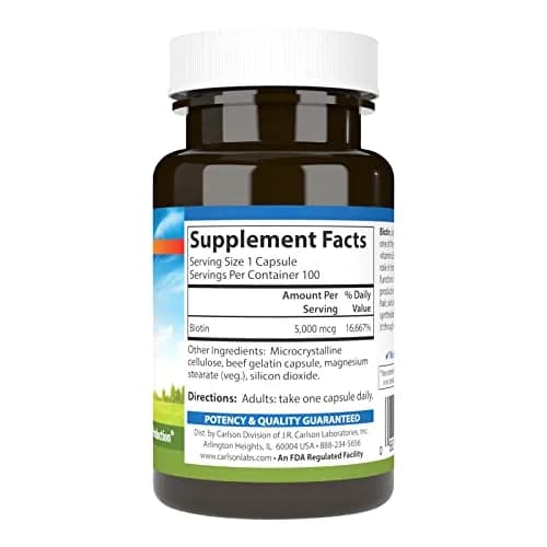 Carlson Biotin 5000 mcg | Supports Hair, Nails & Skin | 100 Capsules thumbnail 2