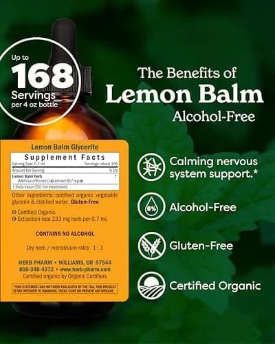 Herb Pharm Organic Lemon Balm Extract Alcohol-Free Liquid 118ml (4 Fl Oz) | Calming Support for Nervous System thumbnail 2