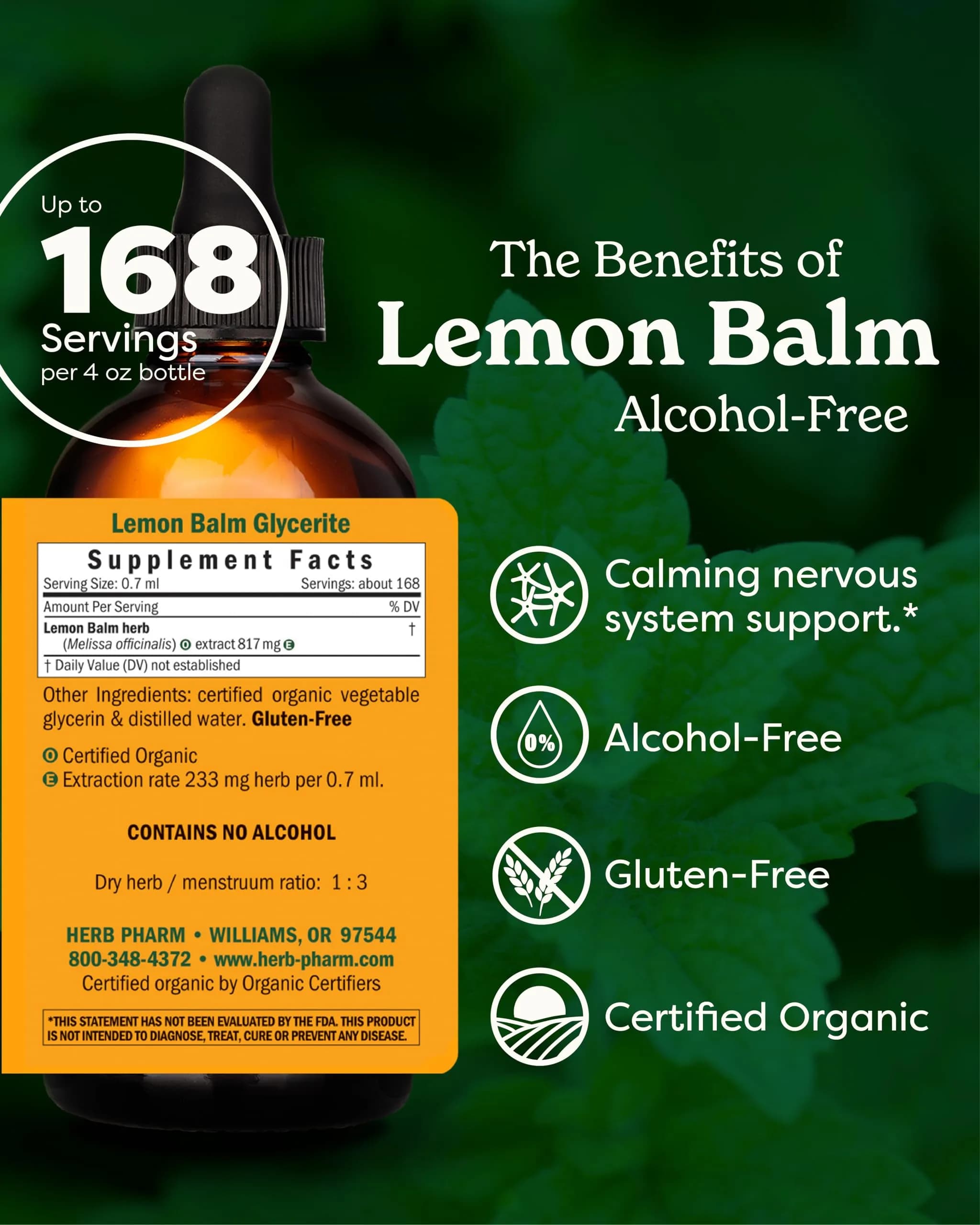 Herb Pharm Organic Lemon Balm Extract Alcohol-Free Liquid 118ml (4 Fl Oz) | Calming Support for Nervous System - view 2