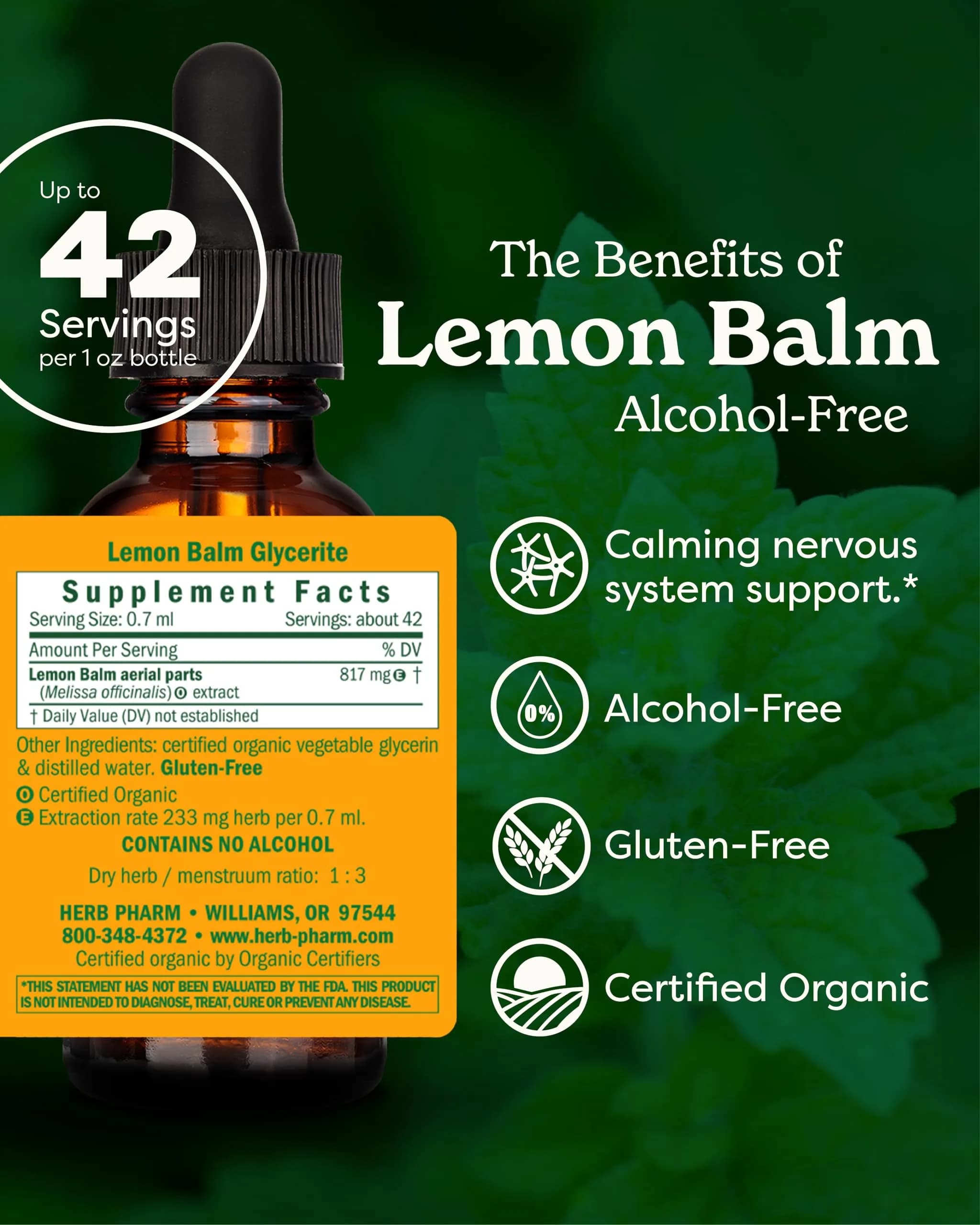 Herb Pharm Lemon Balm Alcohol-Free Glycerite 1 oz (30ml) | Organic Nervous System Support - view 2
