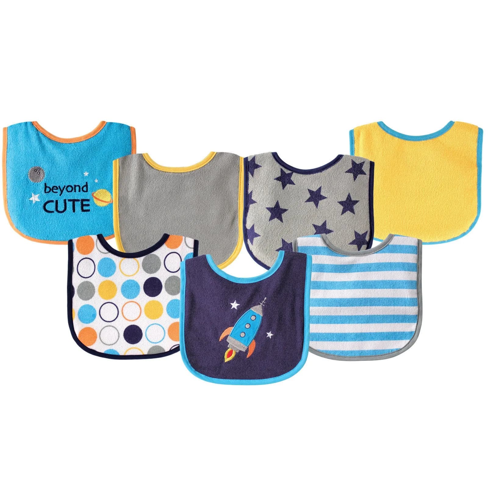 Luvable Friends Baby Cotton Terry Drooler Bibs with PEVA Back, Blue Rocket, One Size | Waterproof & Machine Washable