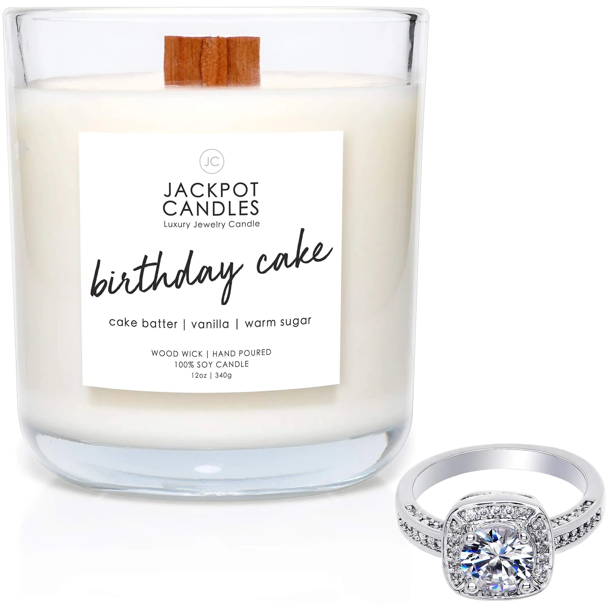 Jackpot Candles Birthday Cake Candle with Ring Inside | Surprise Jewelry Gift (15oz, Vanilla Sugar Scent, Ring Size 6) - main product image