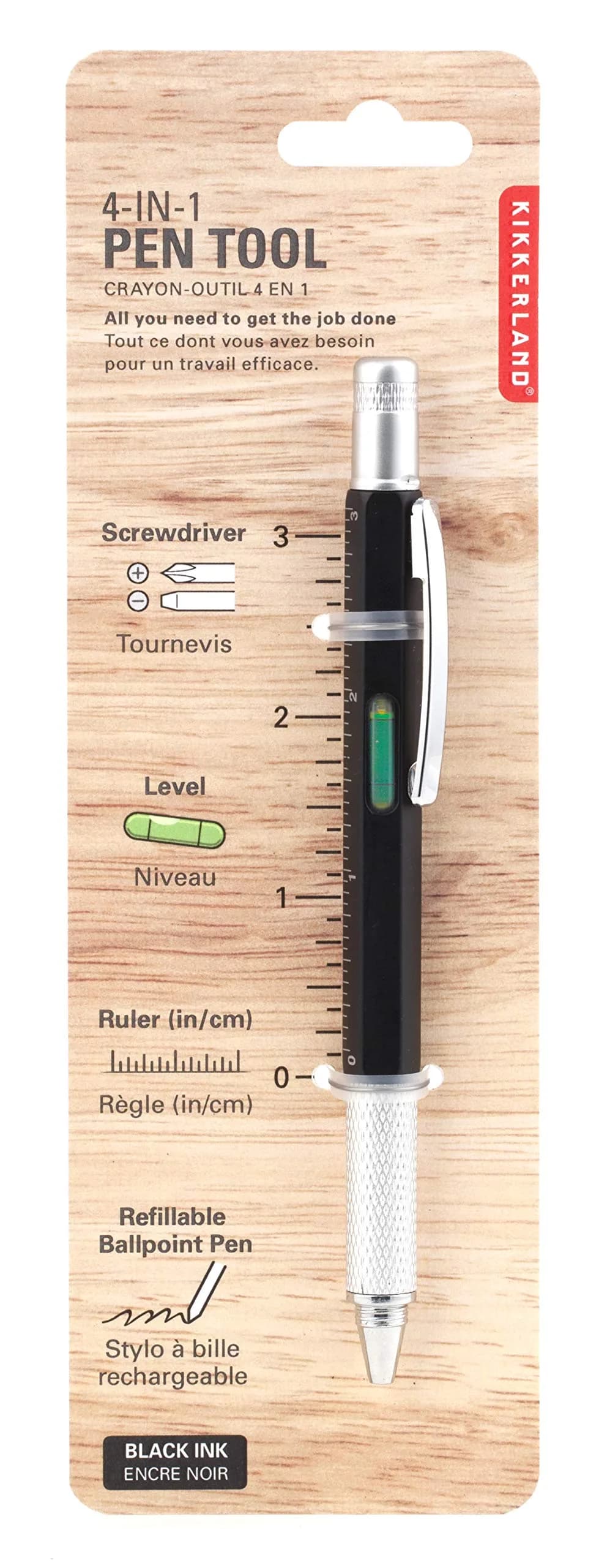 Kikkerland 4-In-1 Pen Tool with Ruler, Level & Screwdriver, Black/Silver (5.8 x 1.8 x 1.4 inches) — Black