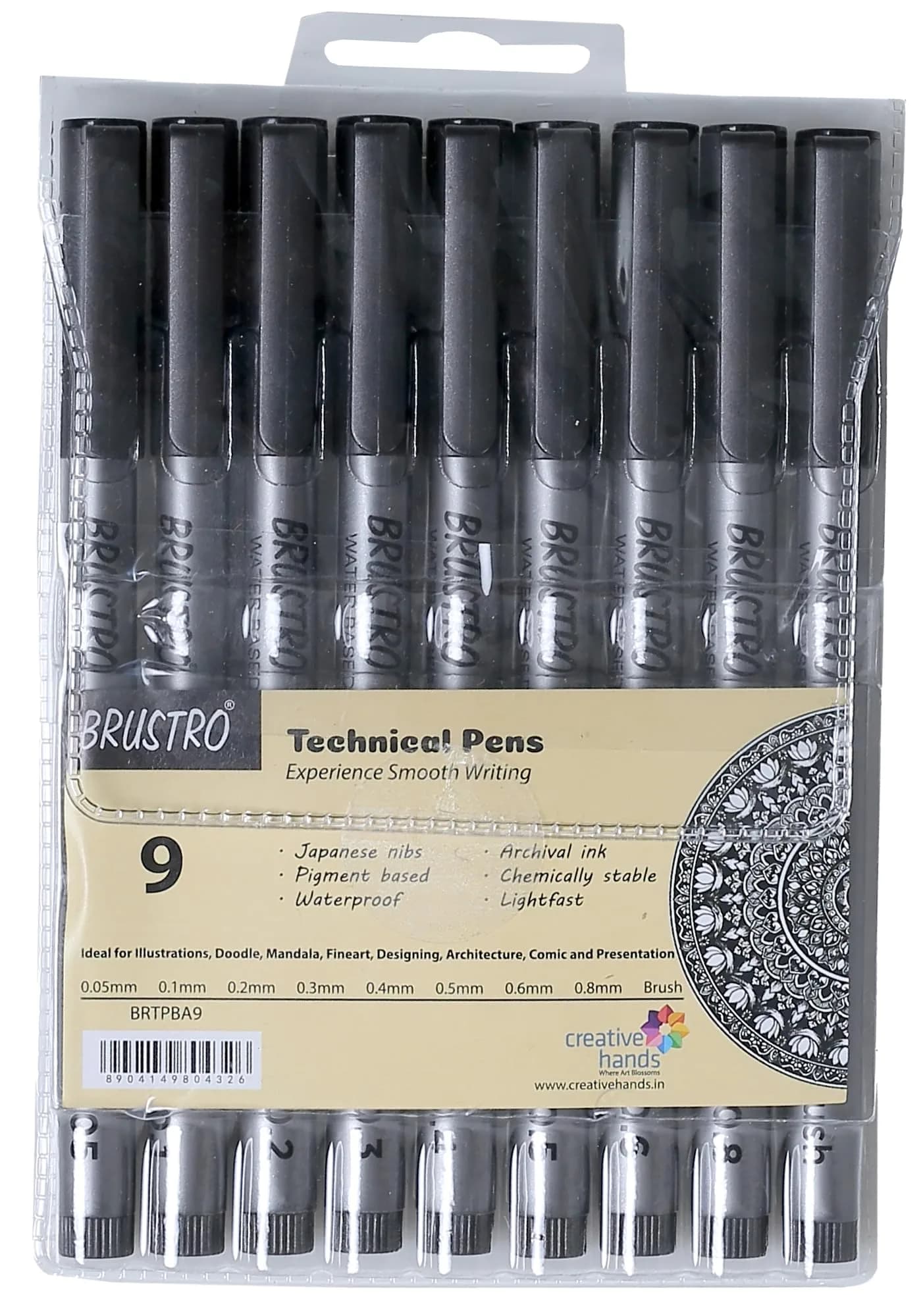 BRUSTRO Technical Pen (Pack Of 9) 0.9mm | Fine, Waterproof Ink for Art & Design — Black