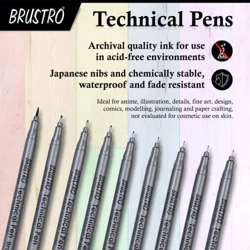 BRUSTRO Technical Pen (Pack Of 9) 0.9mm | Fine, Waterproof Ink for Art & Design thumbnail 3