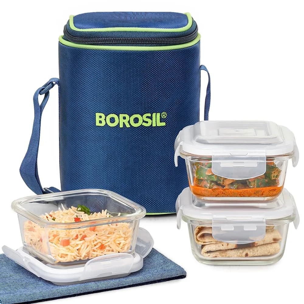 Borosil Klip N Store Microwavable Containers 320ml Set of 3 | Leakproof Food Storage for India — Blue