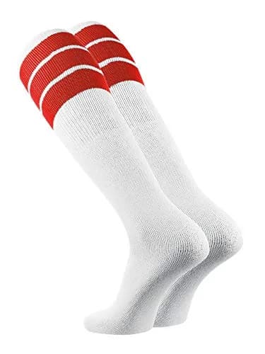 TCK Retro 3 Stripe Tube Socks (Red, Large) | Classic 70's Athletic Style for Men & Women thumbnail 2